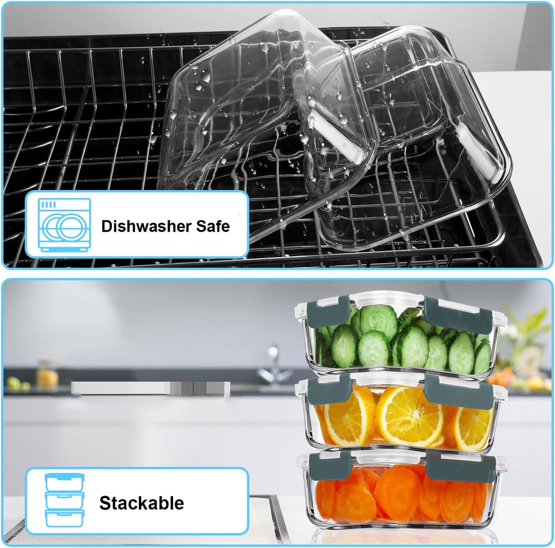 VERONES Glasbehälter für Mahlzeiten, luftdicht, mit Deckel, BPA-frei, geeignet für Mikrowelle, Ofen,