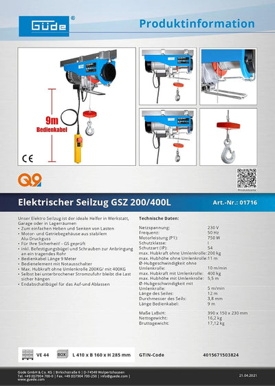 Güde 1716 Elektrischer Seilzug GSZ 200/400L (230 V, 750 W, 9 m langes Bedienkabel, idealer Helfer in