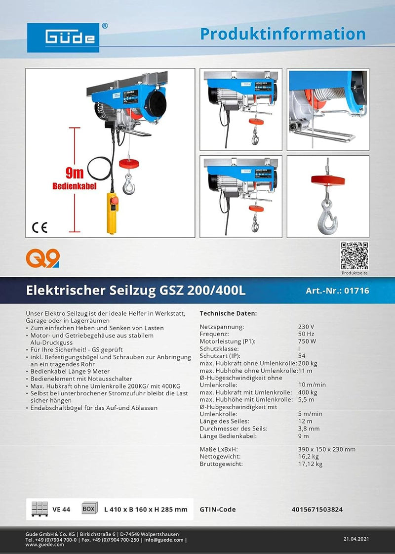 Güde 1716 Elektrischer Seilzug GSZ 200/400L (230 V, 750 W, 9 m langes Bedienkabel, idealer Helfer in