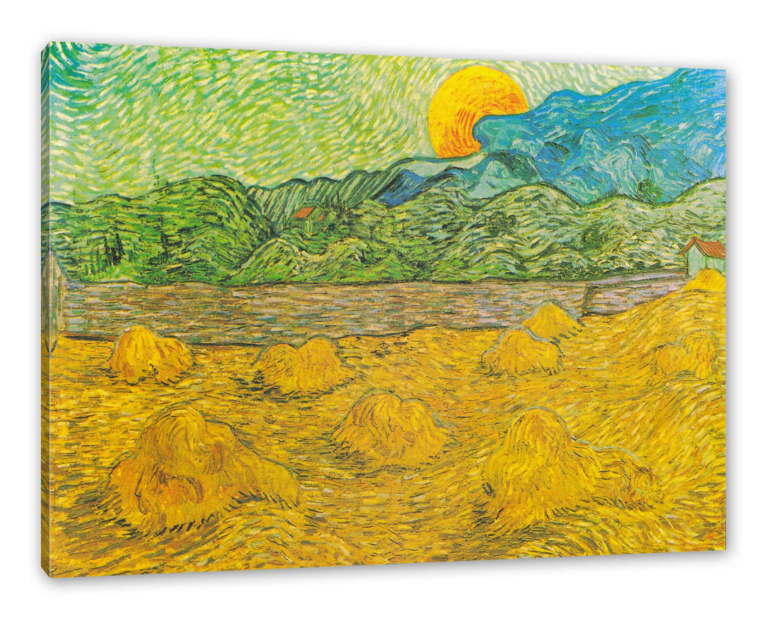 Vincent Van Gogh - Landschaft mit Weizenhaufen als Leinwandbild / Grösse: 120x80 cm / Wandbild / Kun