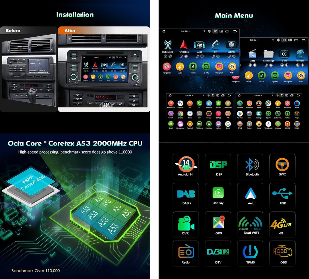 Erisin 7 Zoll 8-Kern 4GB+64GB Android 14 Autoradio Bluetooth GPS Navigation für BMW 3er E46 M3 Rover
