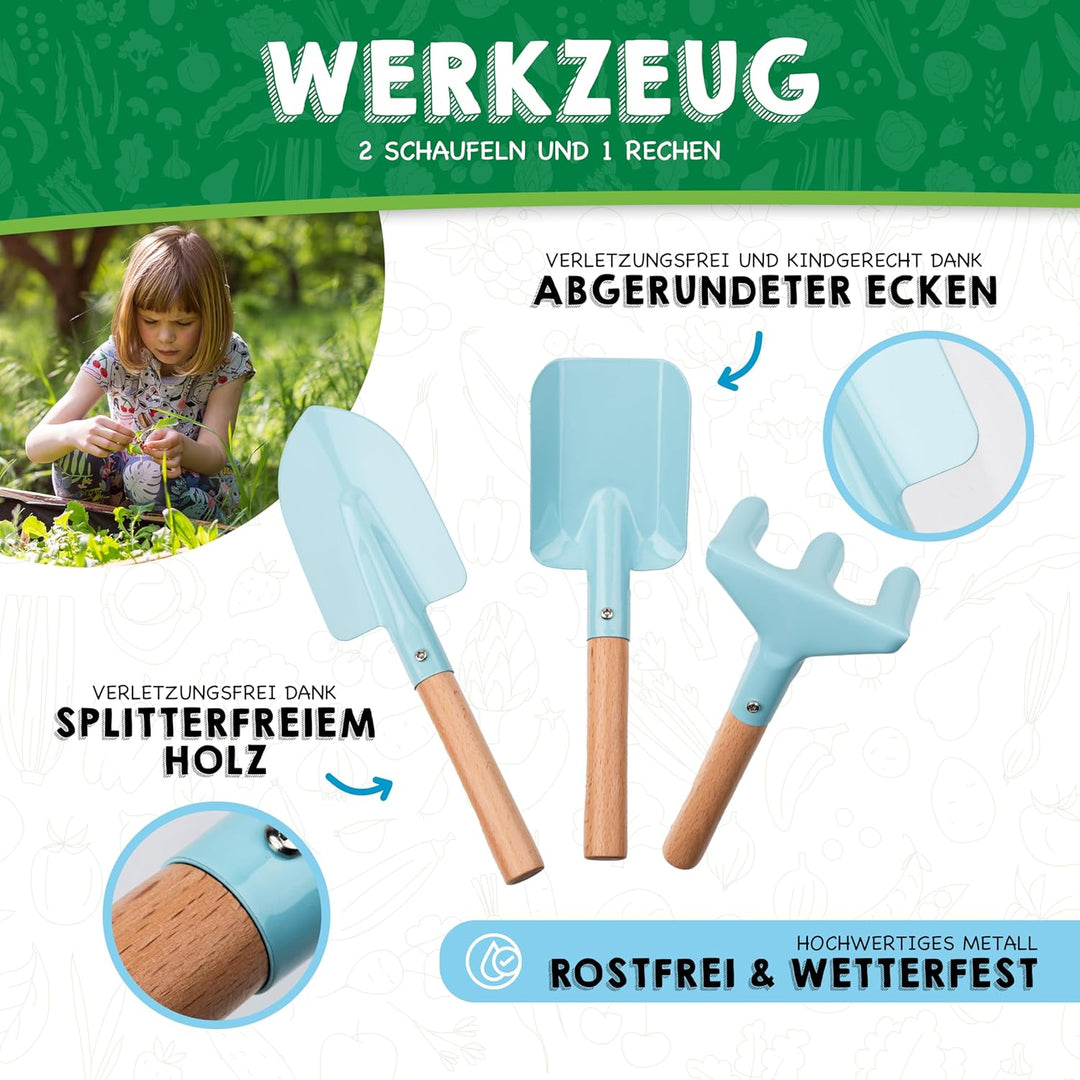 PHIBER-SPORTS Kinder Gartenwerkzeug Set (11 Teile) mit Kindergartenbuch - Gartengeräte für Kinder ab