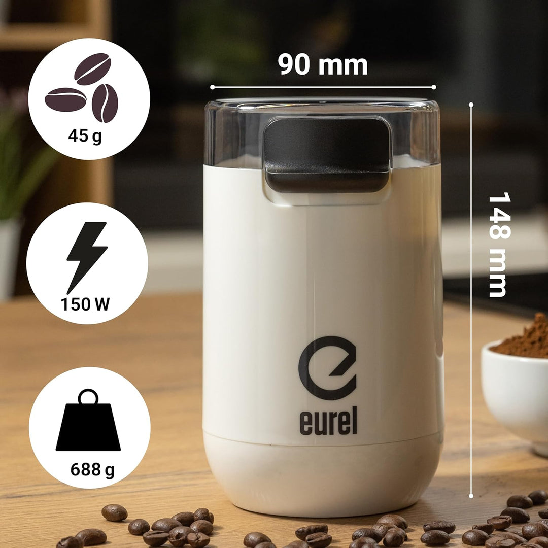 EUREL KMA weisse Kaffeemühle | Beste Mahlergebnisse I Mahlgrad variabel I Edelstahl Mahlbehälter und