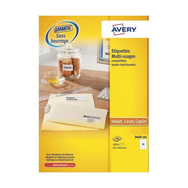 AVERY - 1500 UltraGrip-Etiketten, selbstklebend, personalisierbar, bedruckbar, Format 70 x 50,8 mm,
