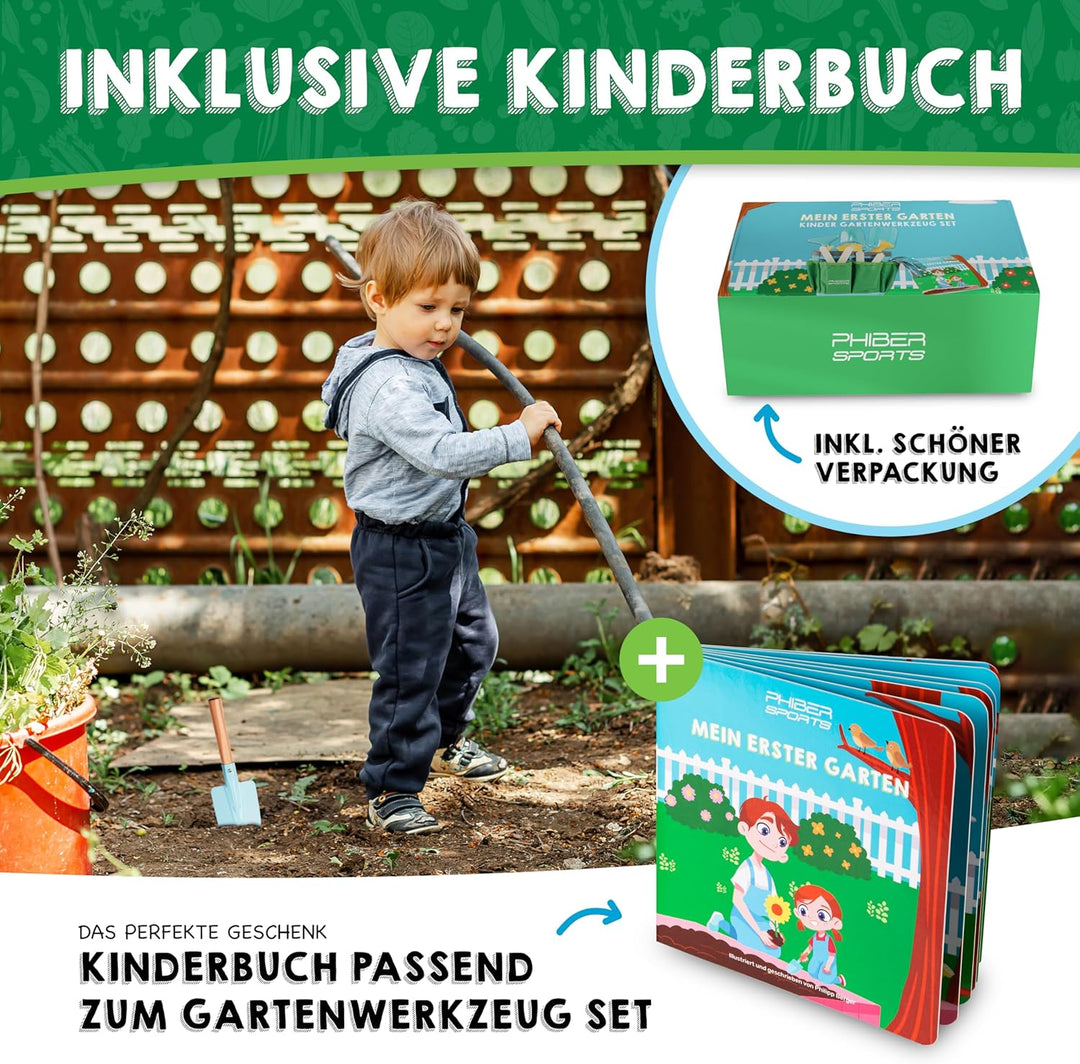 PHIBER-SPORTS Kinder Gartenwerkzeug Set (11 Teile) mit Kindergartenbuch - Gartengeräte für Kinder ab
