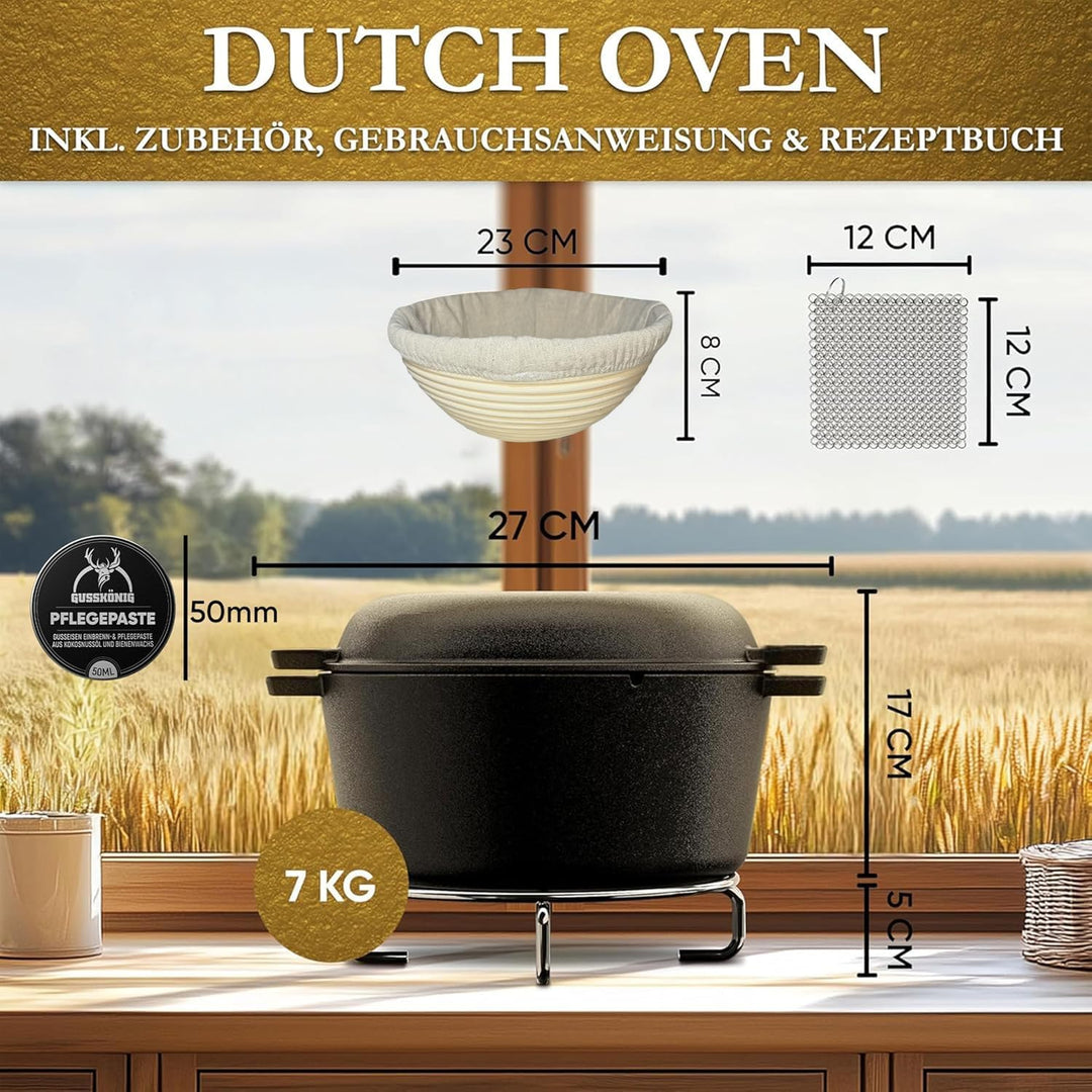 2-in-1 Gusseisen Brotbackform mit Gärkörbchen – eingebrannter Gusseisentopf zum Brotbacken 4,8 L & G