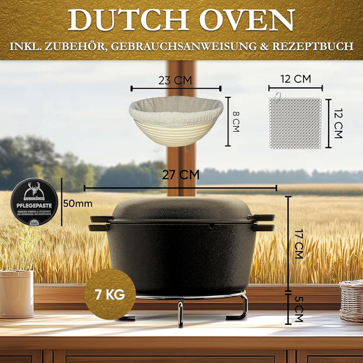 2-in-1 Gusseisen Brotbackform mit Gärkörbchen – eingebrannter Gusseisentopf zum Brotbacken 4,8 L & G