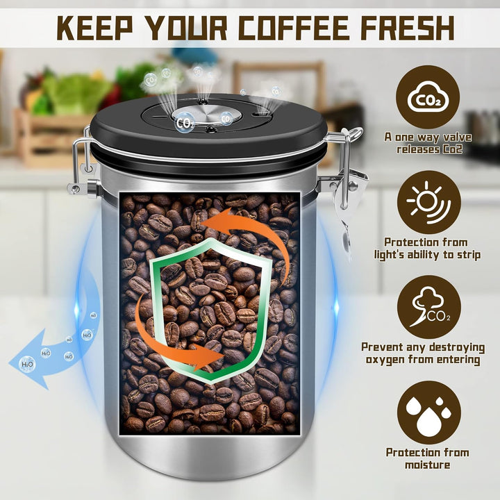 Kaffeedose 500g Bohnen Kaffeedose Luftdicht 1500ml mit Löffel und Kalenderrad, Edelstahl Kaffee Dose