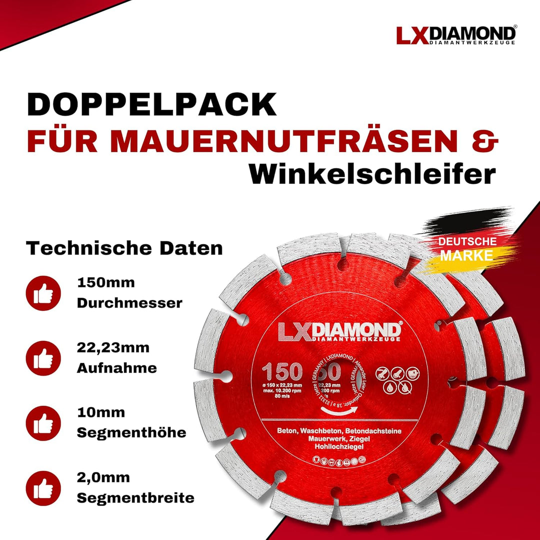 LXDIAMOND 2x Diamant-Trennscheibe 150mm x 22,23mm für Winkelschleifer Mauernutfräse Schlitzfräse - 1