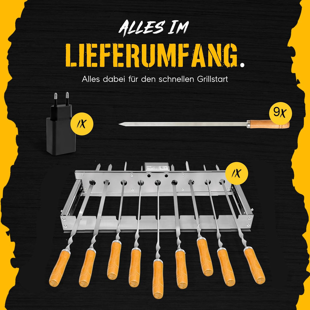 Elektrischer Spiessdreher BBQ Rotisserie Set mit regulierbaren Motor – Edelstahl Grillaufsatz für Ga