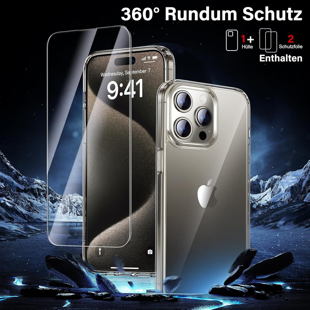 UniqueMe für iPhone 15 Pro Hülle, 5-in-1-Set Handyhülle für iPhone 15 Pro Case Rundumschutz Schutzhü