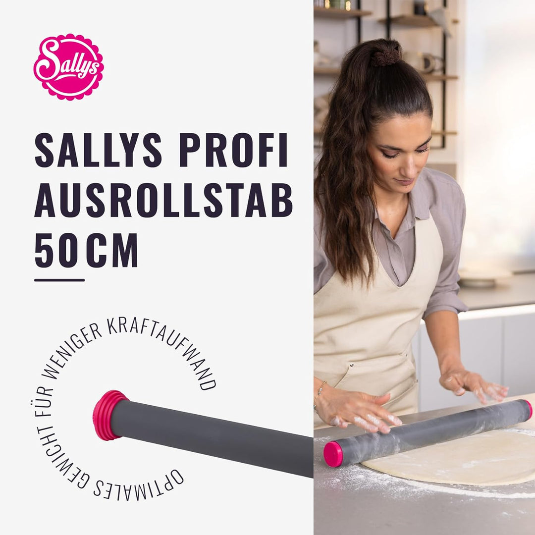 Sallys Profi Ausrollstab- 50 cm, Antihaftbeschichtetes Nudelholz aus Silikon, Teigroller mit abnehmb