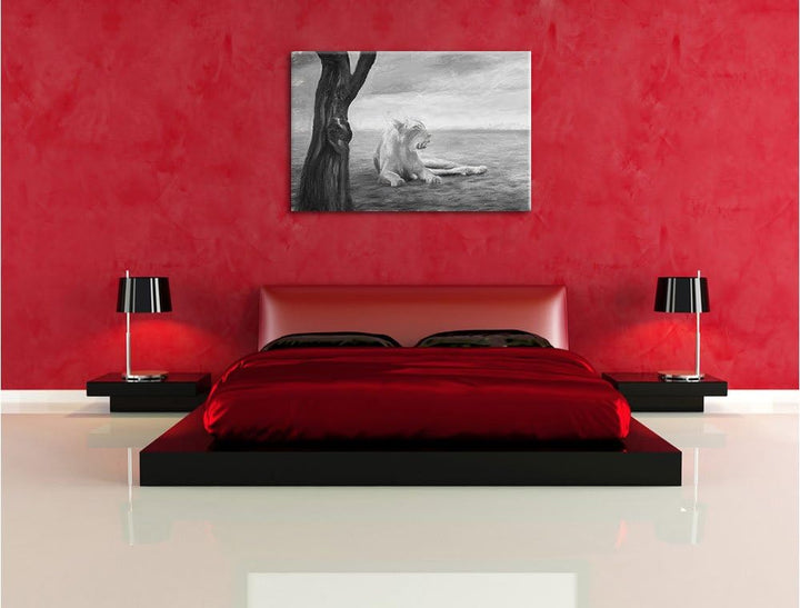 Pixxprint Löwin Ruhe Savanne Kunst als Leinwandbild/Grösse: 100x70 cm/Wandbild/Kunstdruck/fertig bes