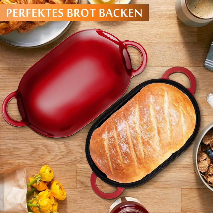 NSIRONS Gusseisen Brotbackform mit Deckel, 23 cm Emaille Gusseisen Topf Brot Backen, Bräter mit Deck