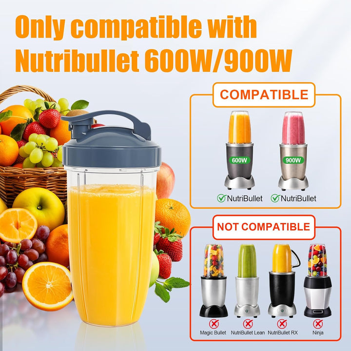 Poweka Ersatzteile Kompatibel mit Nutribullet 600 W/900 W Mixer, 2 Gläser à 32 oz mit Klappdeckel Ko