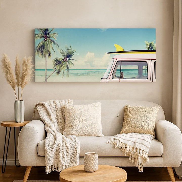 Wandbilder Dekoration Wohnzimmer Auto Surfbrett Strand Ozean Panorama Bilder auf Leinwand 120x50cm L