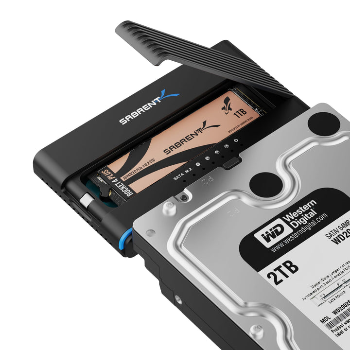SABRENT M.2 SSD & HDD Festplattengehäuse, 2,5" 3.5" SATA & M2 NVMe Adapter, USB C 10Gbps mit Offline