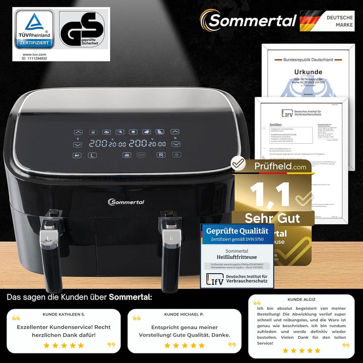 Sommertal HF DUAL 900, Heissluftfritteuse Doppelkammer 9 Liter, Airfryer mit 2 Körben, 2850 Watt, mi