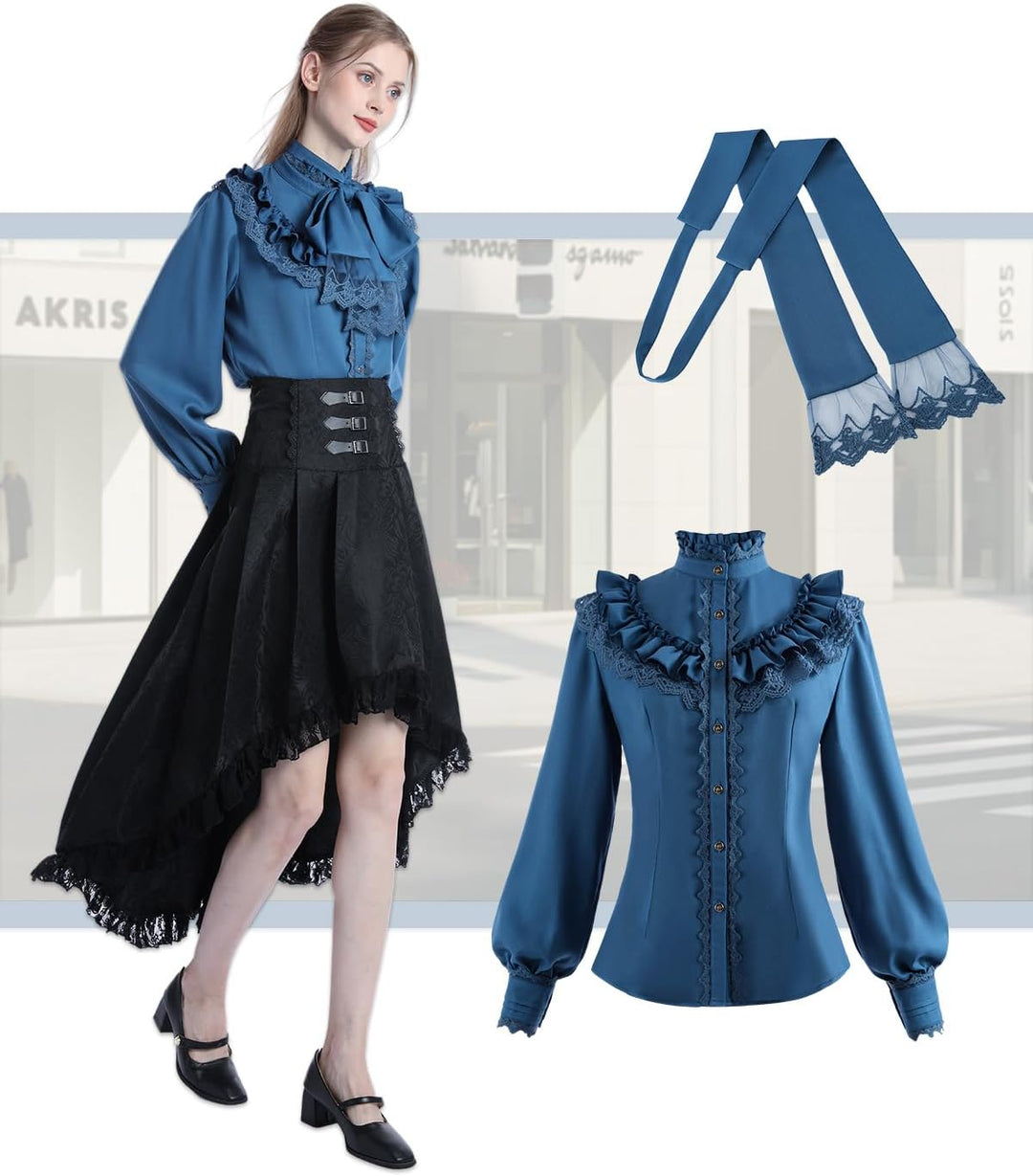 CR ROLECOS Viktorianische Bluse Damen Stehkragen Damen Mittelalter Rüschenbluse Vintage Bluse Blau M