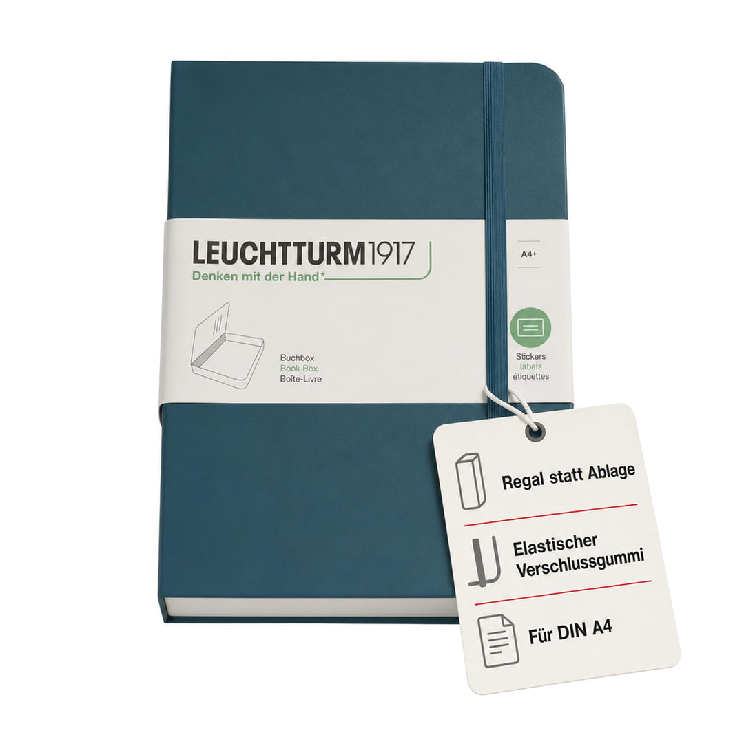 LEUCHTTURM1917 361662 Buchbox - Schachtel, Notizbuch-Look, 255 x 329 x 60 mm, mit Aufklebern, Gummi,