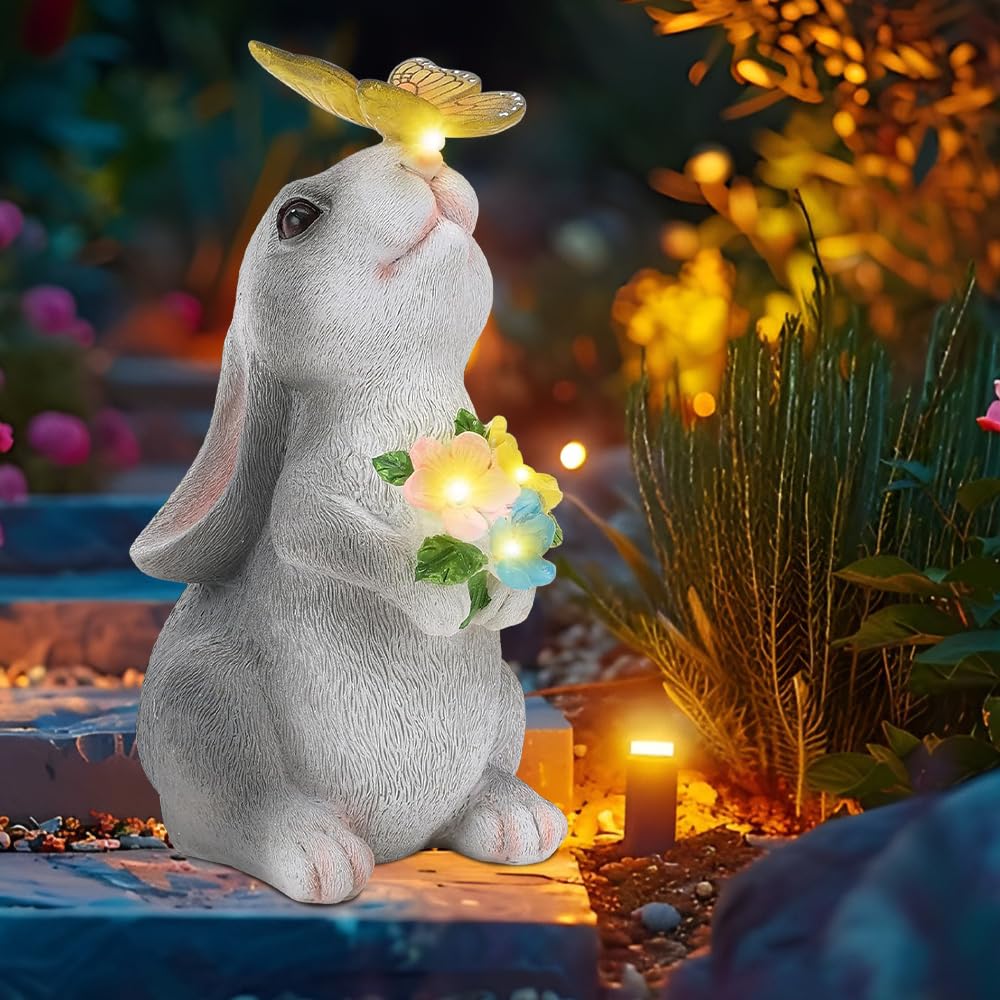 Solar Kaninchen Figuren Gartendeko für Draussen, Kaninchen Gartenstatuen mit Solarlicht, Osterhase m