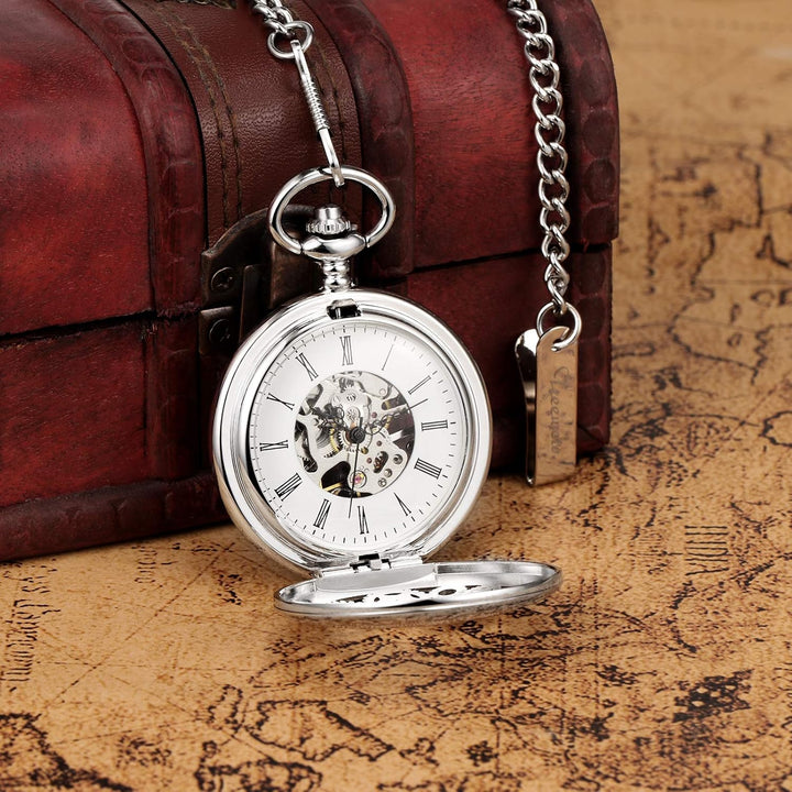 TREEWETO Unisex Taschenuhr mit Kette Analog Handaufzug Antik Zahnrad verziert Römische Silber