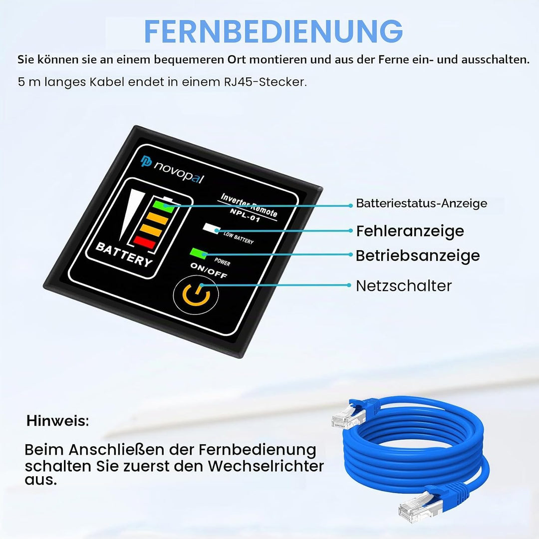 NOVOPAL 5000W KFZ Reiner Sinus Wechselrichter Spannungswandler 24V 230V mit LCD Display und 2 EU Ste