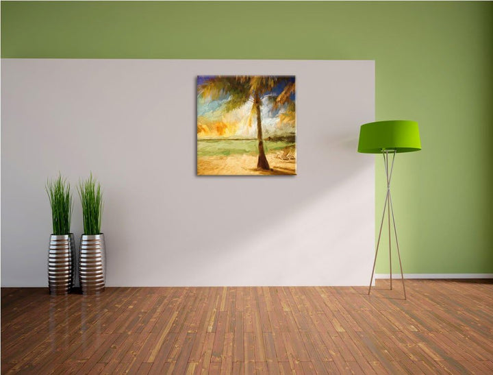 Pixxprint Palmen am Strand als Leinwandbild/Grösse: 70x70 cm/Wandbild/Kunstdruck/fertig bespannt, 70