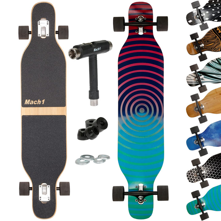 Mach1 Bambus Longboard mit Keramik Kugellager + T-Tool - Skateboard Drop Through Cruiser Komplettboa