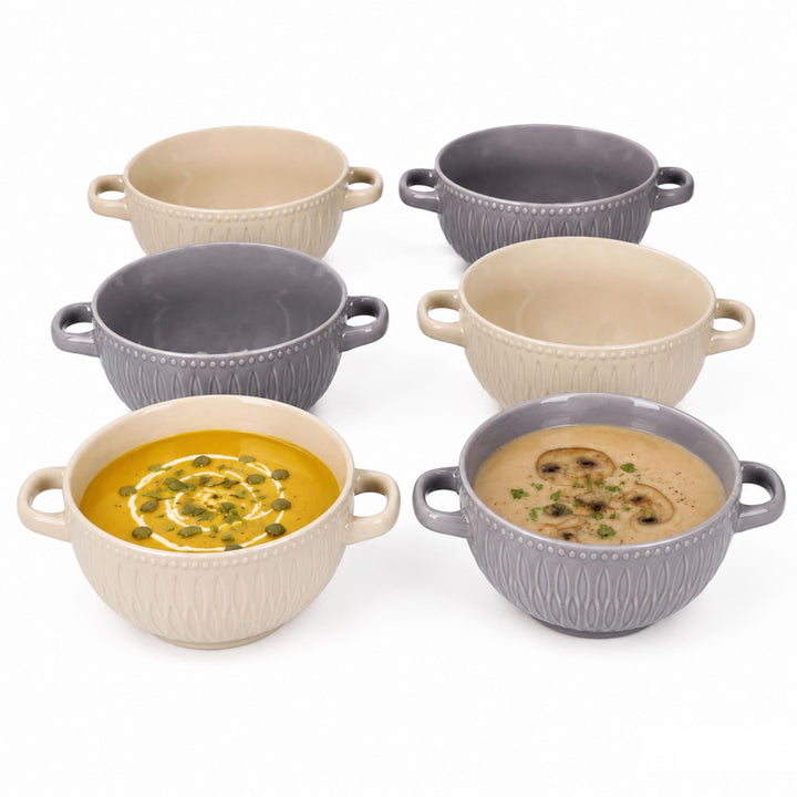 MamboCat Biko 6er Set Suppentassen I 650ml I 6 Personen I Keramiktassen in je 3X Vanille &amp; Grau I Su