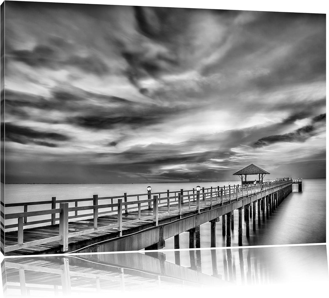 Pixxprint Monocrome, romantischer Steg ins Meer bei Sonnenuntergang, Format: 100x70 auf Leinwand, 10