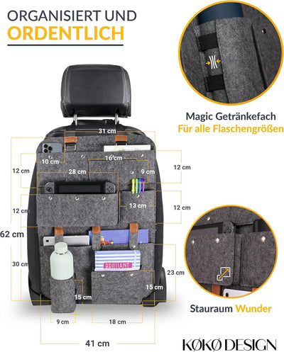 KØKØ Design® Rücksitzorganizer HULDA aus Filz, Auto Rücklehnenschutz mit riesigem Tabletfach für Kin