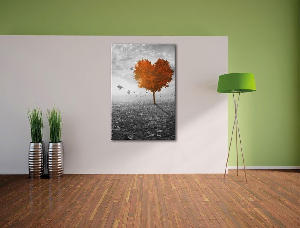 Pixxprint Roter Herzbaum im Herbst schwarz/weiss als Leinwandbild/Grösse: 100x70 cm/Wandbild/Kunstdr