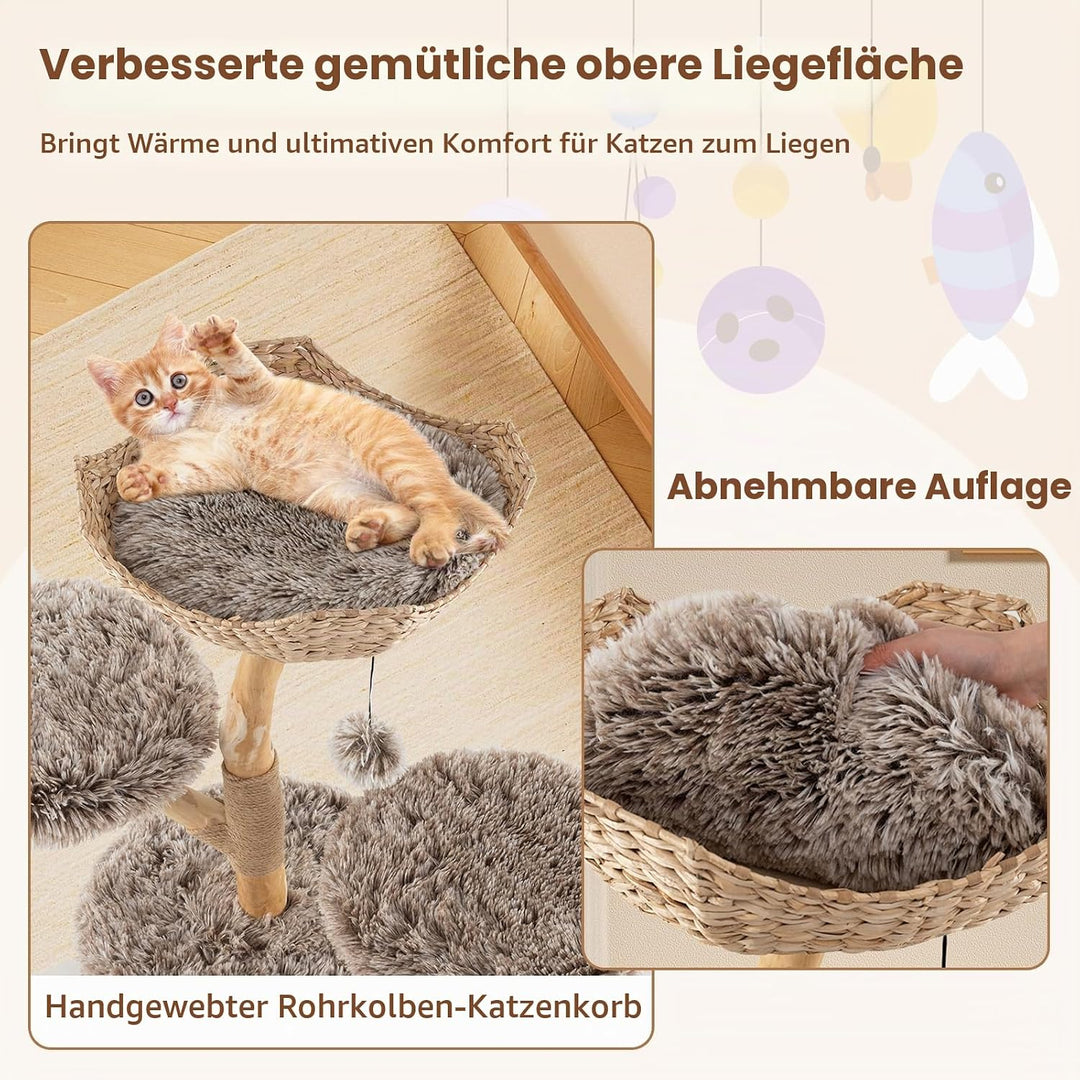 SOARS Kratzbaum Holz, 105 cm Katzenbaum mit Weidenkorb, Höhle, 2 Plattformen und Plüschball, Katzenk