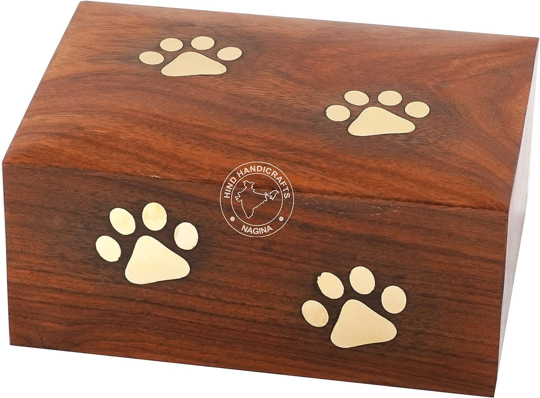Hind Handicrafts Urne für Hunde und Katzen, mit eingelegtem Rosenholz, mit Messingpfoten, Erinnerung