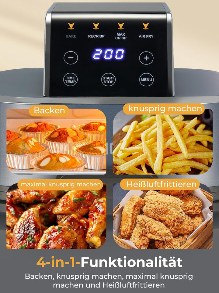 FOHERE Tragbare Heissluftfritteuse, 4-in-1 Heissluftfrittieren für Bake, Recrisp, Max Crisp, Airfrye