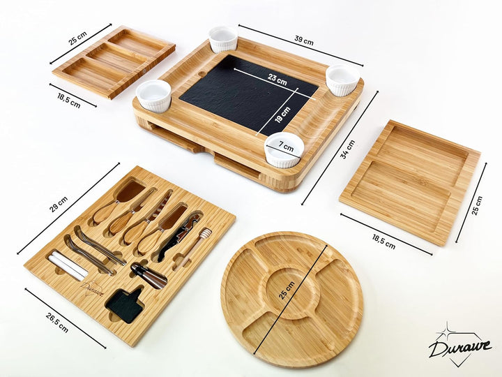Bambus Käsebrett und Messer-Set Keramik-Schalen Weinöffner – 100% Bio-Holz Serviertablett Charcuteri