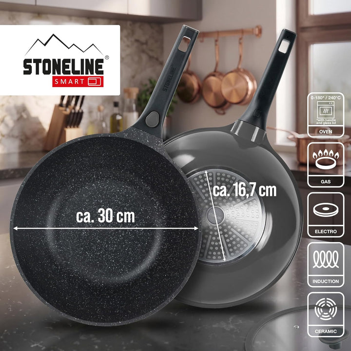 Stoneline Imagination Plus Wok 30 cm, mit Glasdeckel und abnehmbarem 3-Stufen-Sicherheitsgriff, Wokp