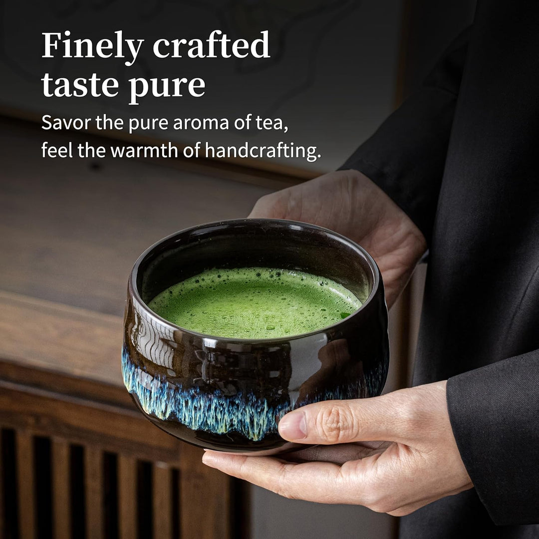 Japanische Matcha-Schale aus Keramik mit Schneebesenhalter, 510 ml. TEANAGOO K14, Blau, Chawan Match