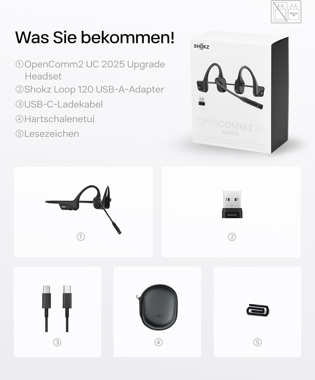 SHOKZ OpenComm2 UC 2025 Upgrade USB-A kabelloses Knochenschall PC Headset, Bluetooth Open-Ear Kopfhö