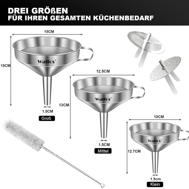 Walfos Trichter Set aus Edelstahl mit 2 abnehmbaren Siebfilter zum Übertragen Flüssigkeit, Speiseöle