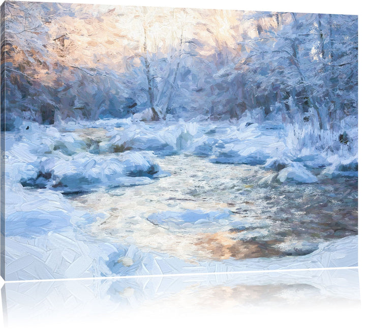 Pixxprint Bach in Winterlandschaft Pinsel Effekt, Format: 100x70 auf Leinwand, 100x70