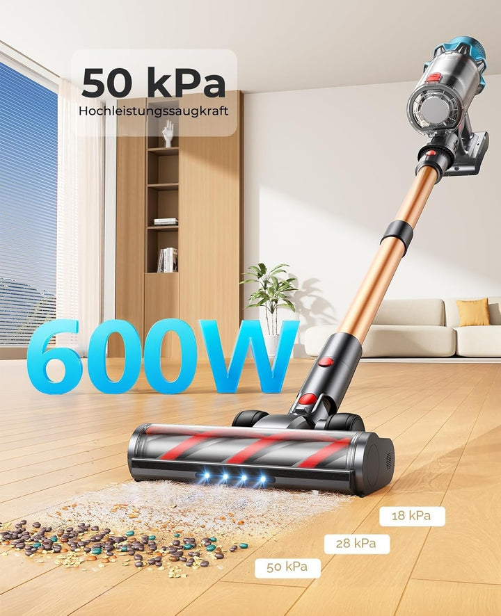 Fieety Akku Staubsauger Kabellos, 50kPa/600W Starkes Saugen, 65Min, 1.6L Beutellos - 8-in-1 Mit Anti