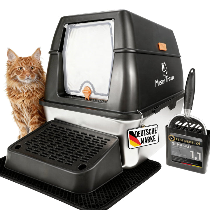Edelstahl Katzenklo XXL - Grosse Geschlossene Katzentoilette mit Deckel, Premium Schaufel & Ergonomi