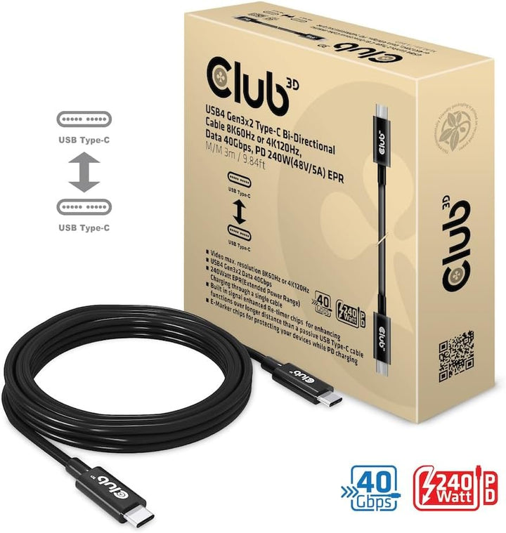 Club3D CAC-1579 USB4 Gen3x2 Type-C Bi-Direktionale Kabel 8K60Hz oder 4K120Hz, Data 40Gbps, PD 240W(4