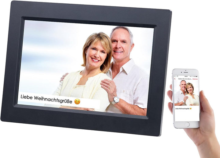 Somikon Digitale Bilderrahmen: WLAN-Bilderrahmen mit 25,7-cm-IPS-Touchscreen & weltweitem Bild-Uploa