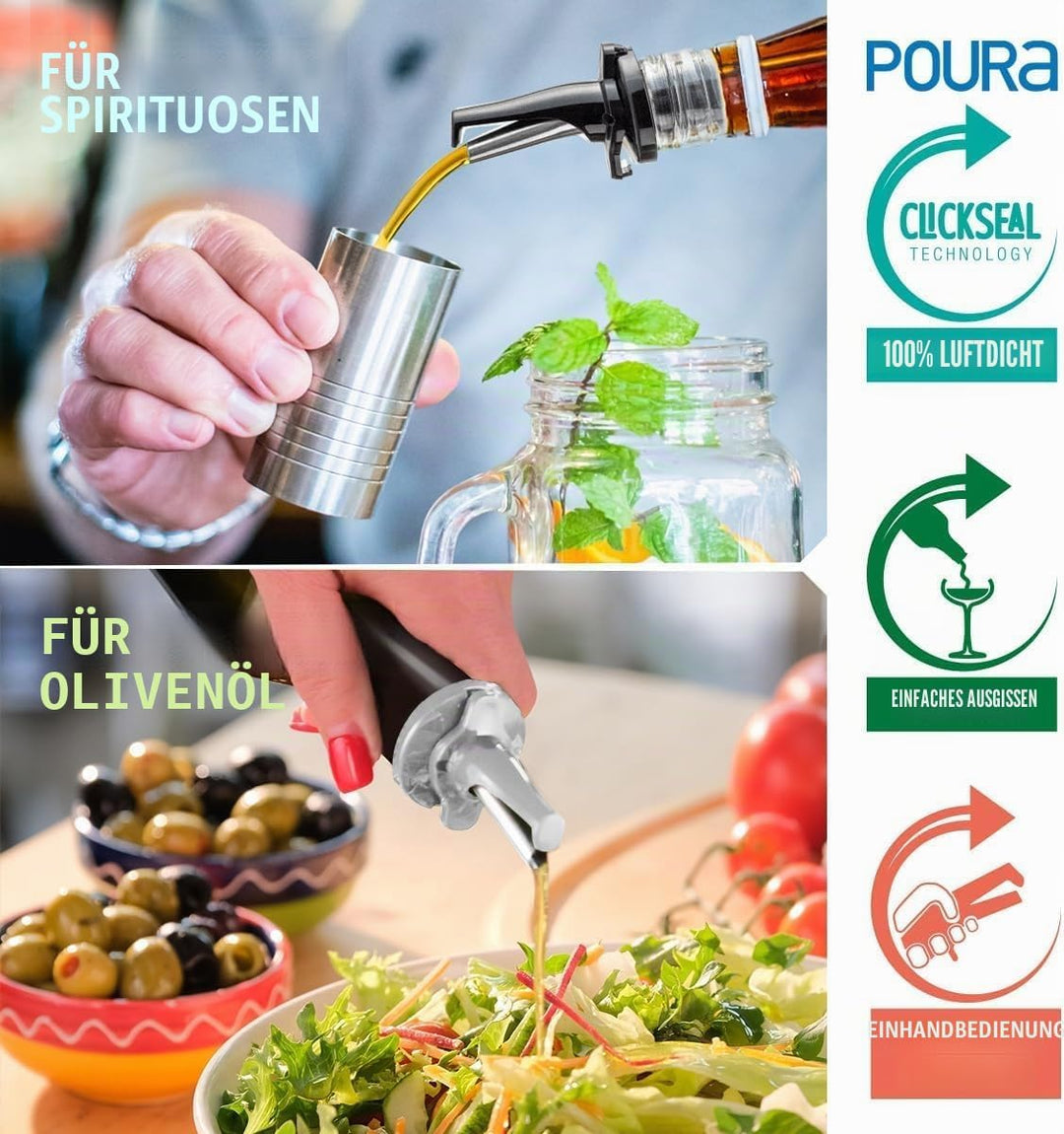 Poura Ausgiesser für Spirituosen oder Olivenöl - Spülmaschinenfeste Flaschenausgiesser mit Luftdicht