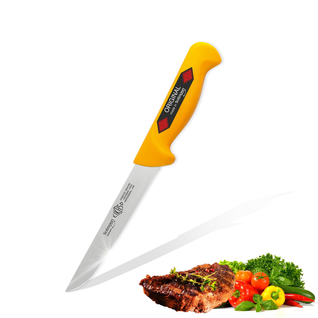 EIKASO Solingen Ausbeinmesser 13cm breit mit gerader steifen Klinge in gelb 20 cm steif, 20 cm steif
