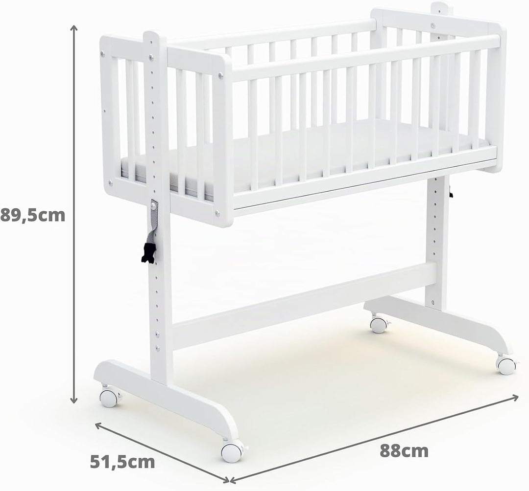 AT4 - Wiege Babybett Beistellbett Holz mit Matratze Essentiel Weiss | 5 in 1 Wiege |MassivHolz | Höh