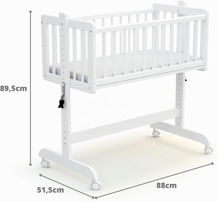 AT4 - Wiege Babybett Beistellbett Holz mit Matratze Essentiel Weiss | 5 in 1 Wiege |MassivHolz | Höh